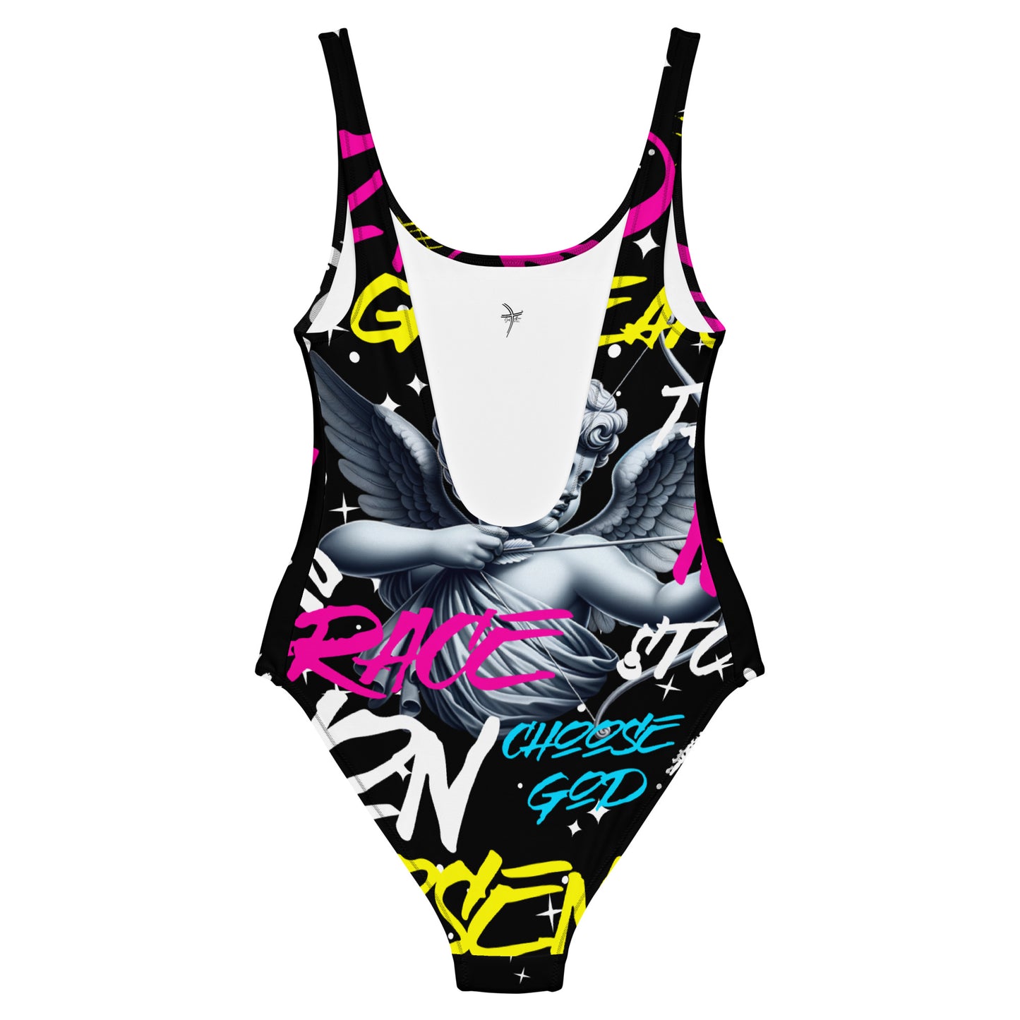 Greater Than My Storm One-Piece Swimsuit white back God Alone Apparel faith swimwear