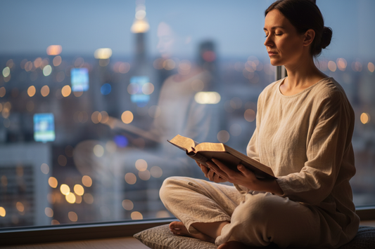 Woman sitting with bible with distractions surrounding her