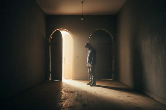 Person standing before an open door with light shining through, representing delayed obedience, trusting God, and stepping forward in faith.