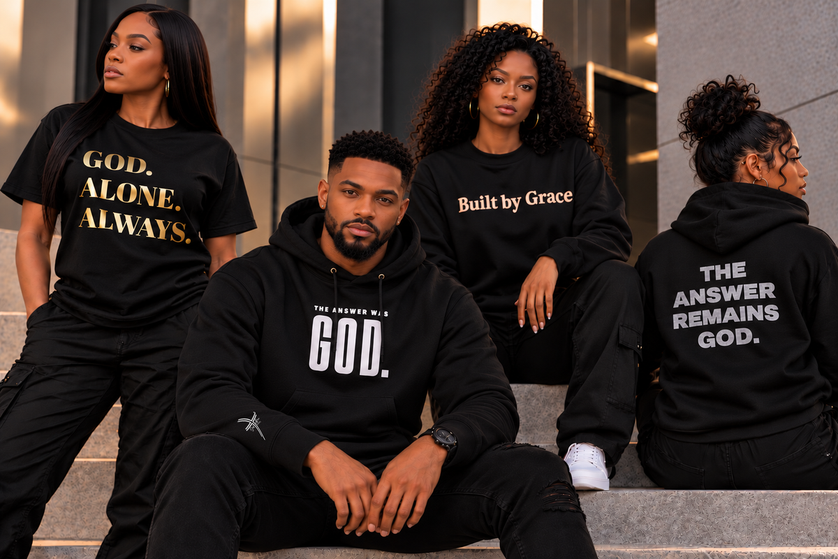 Four models wearing black pieces from God Alone Apparel’s The Answer Collection, featuring “God. Alone. Always.”, “Built by Grace”, “The Answer Was God.” and “The Answer Remains God.”