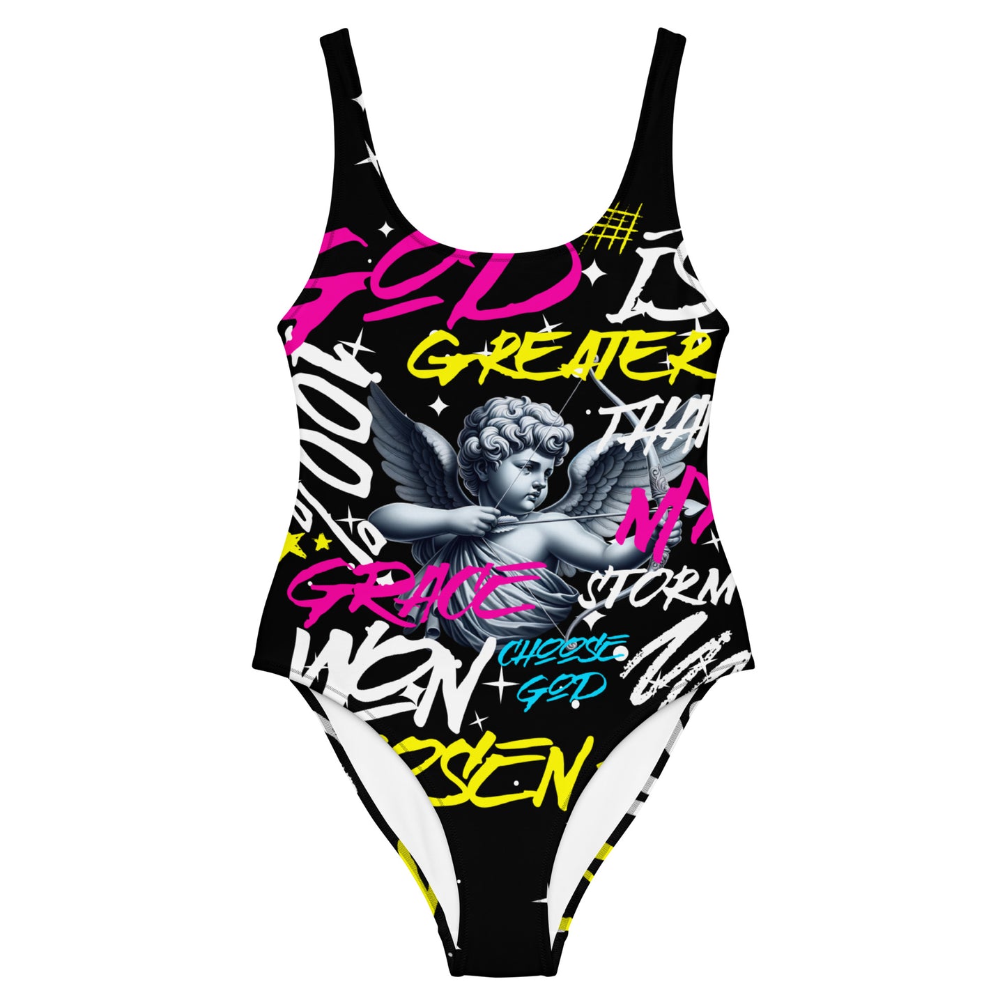 Greater Than My Storm One-Piece Swimsuit white front God Alone Apparel faith swimwear