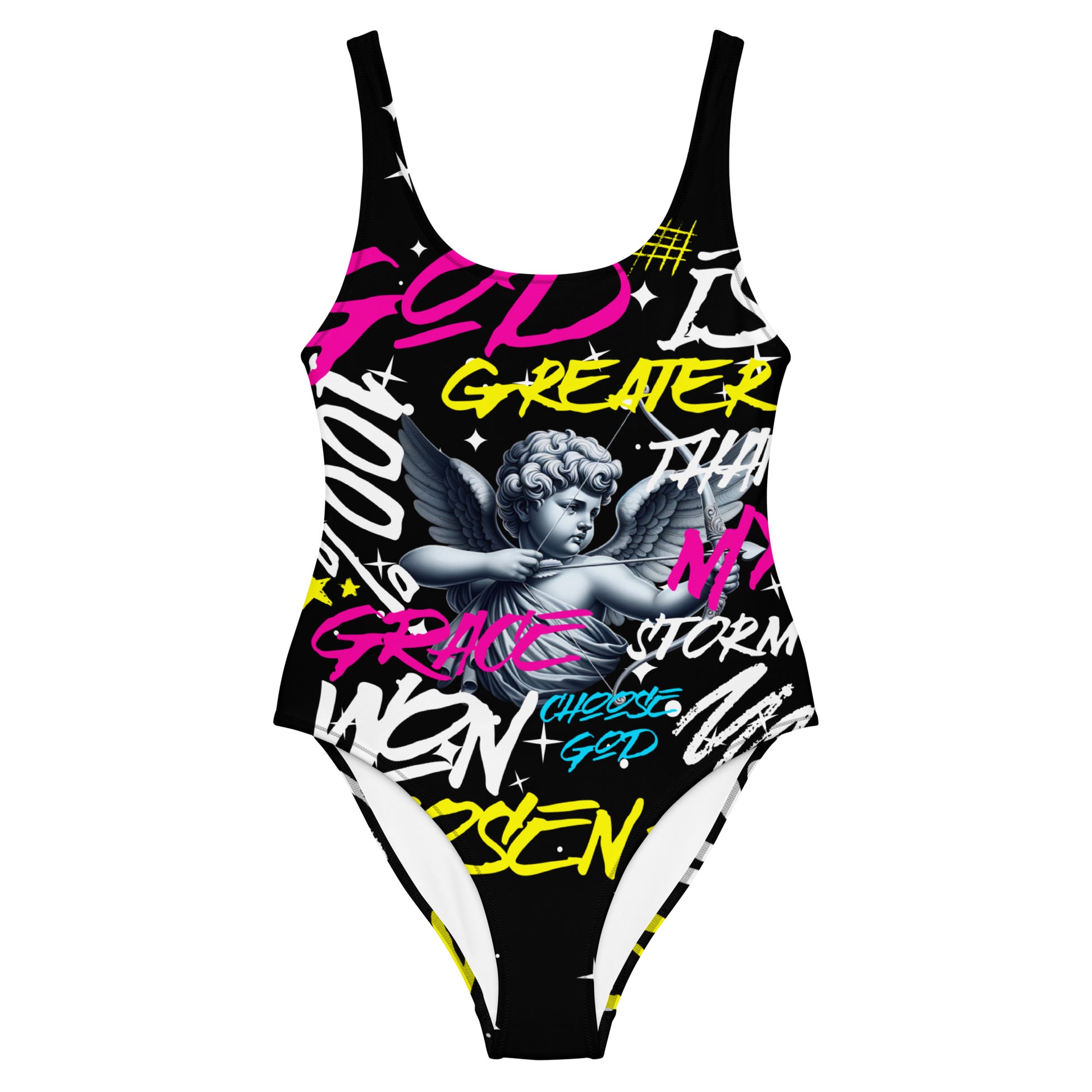Greater Than My Storm One-Piece Swimsuit white front God Alone Apparel faith swimwear