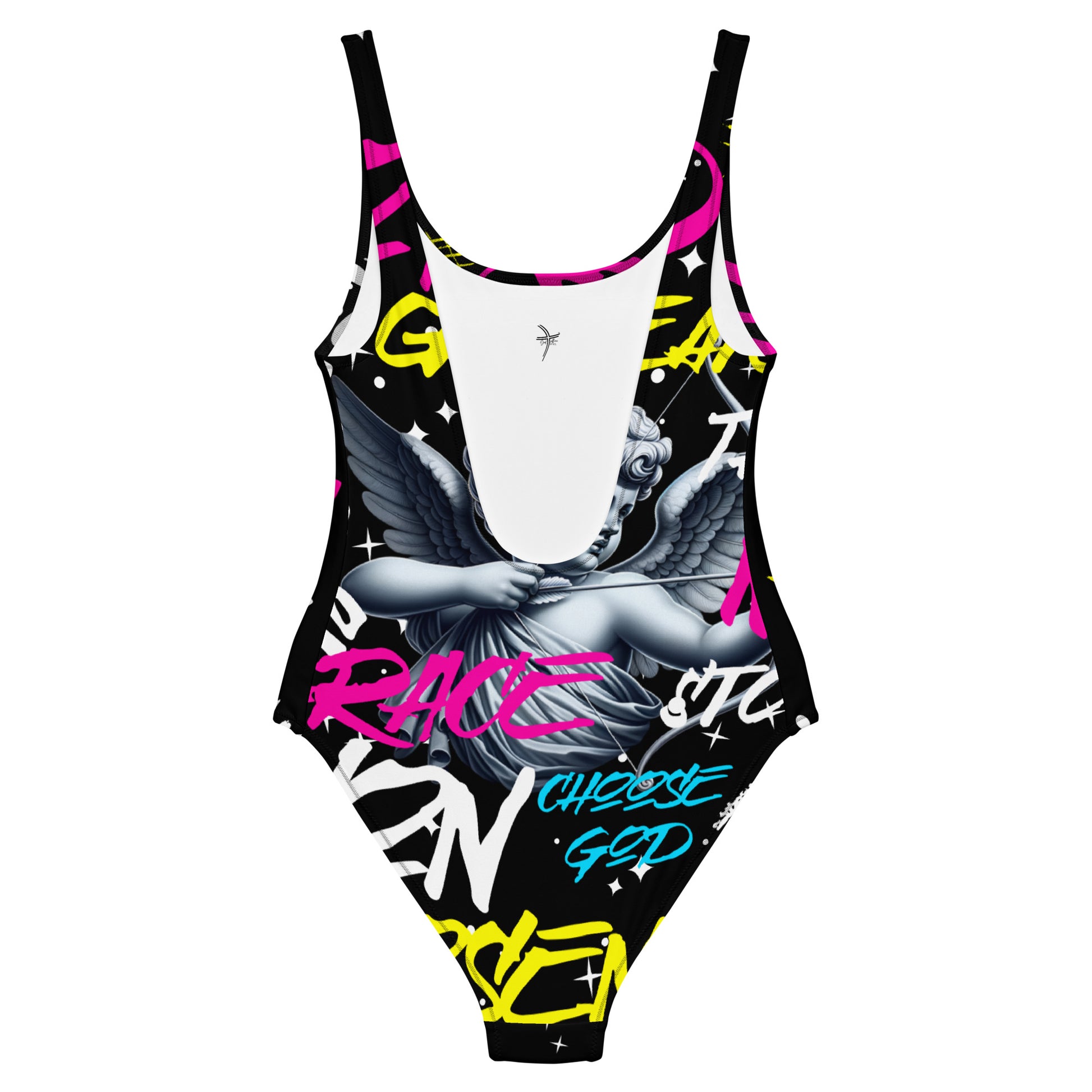 Greater Than My Storm One-Piece Swimsuit white back God Alone Apparel faith swimwear