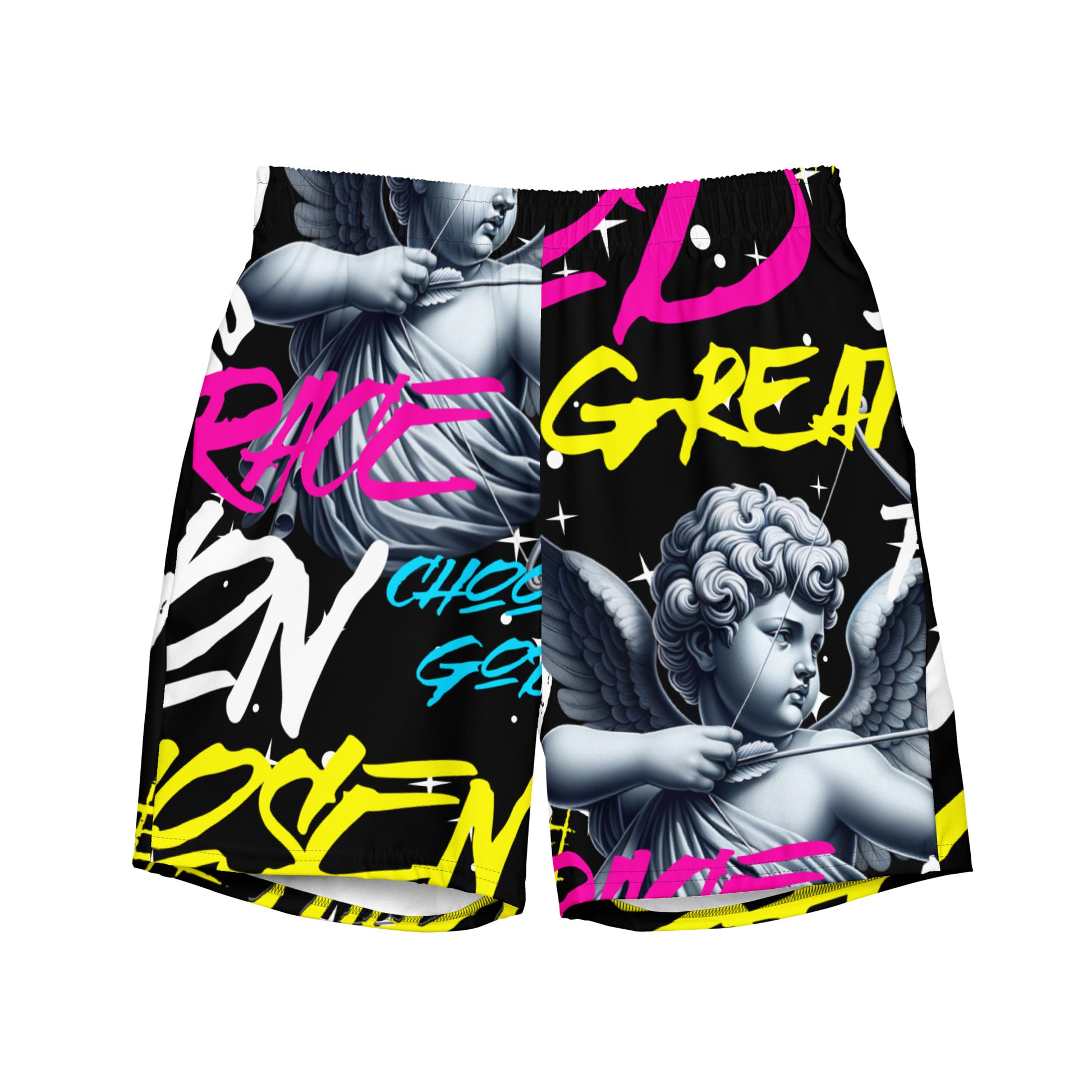 Greater Than My Storm Swim Trunks white front God Alone Apparel swim trunks 