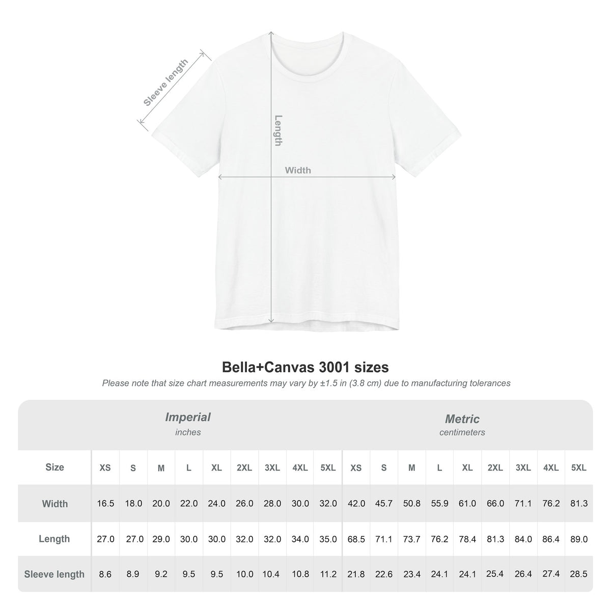 Bella+Canvas 3001 size chart showing shirt width, length, and sleeve length for sizes XS through 5XL in inches and centimeters.