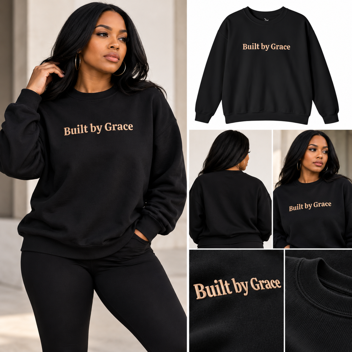 Collage of a woman wearing the black Built by Grace crewneck, with beige puff lettering, back view, and neckline details.