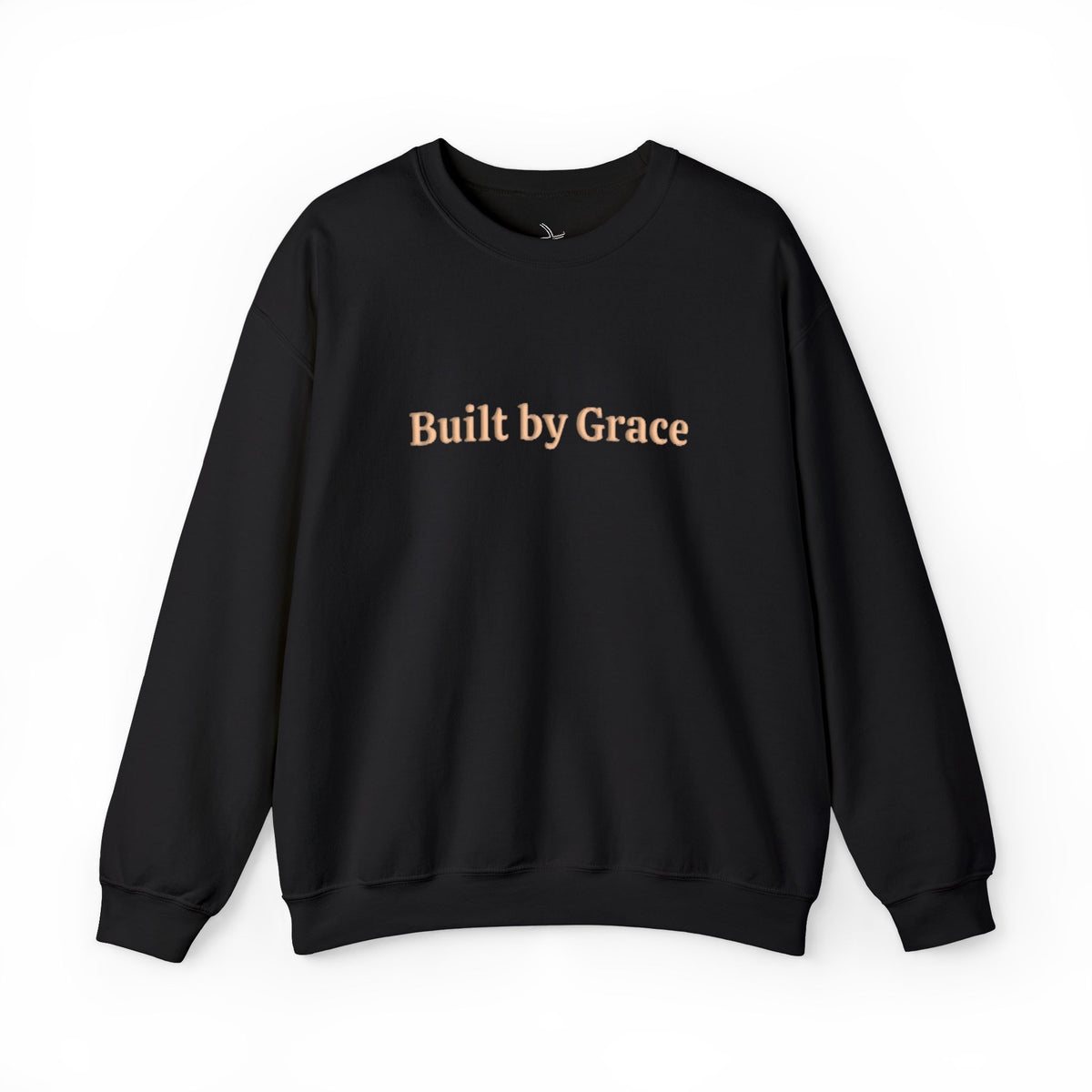 Front view of the black Built by Grace crewneck sweatshirt with beige puff lettering across the chest.