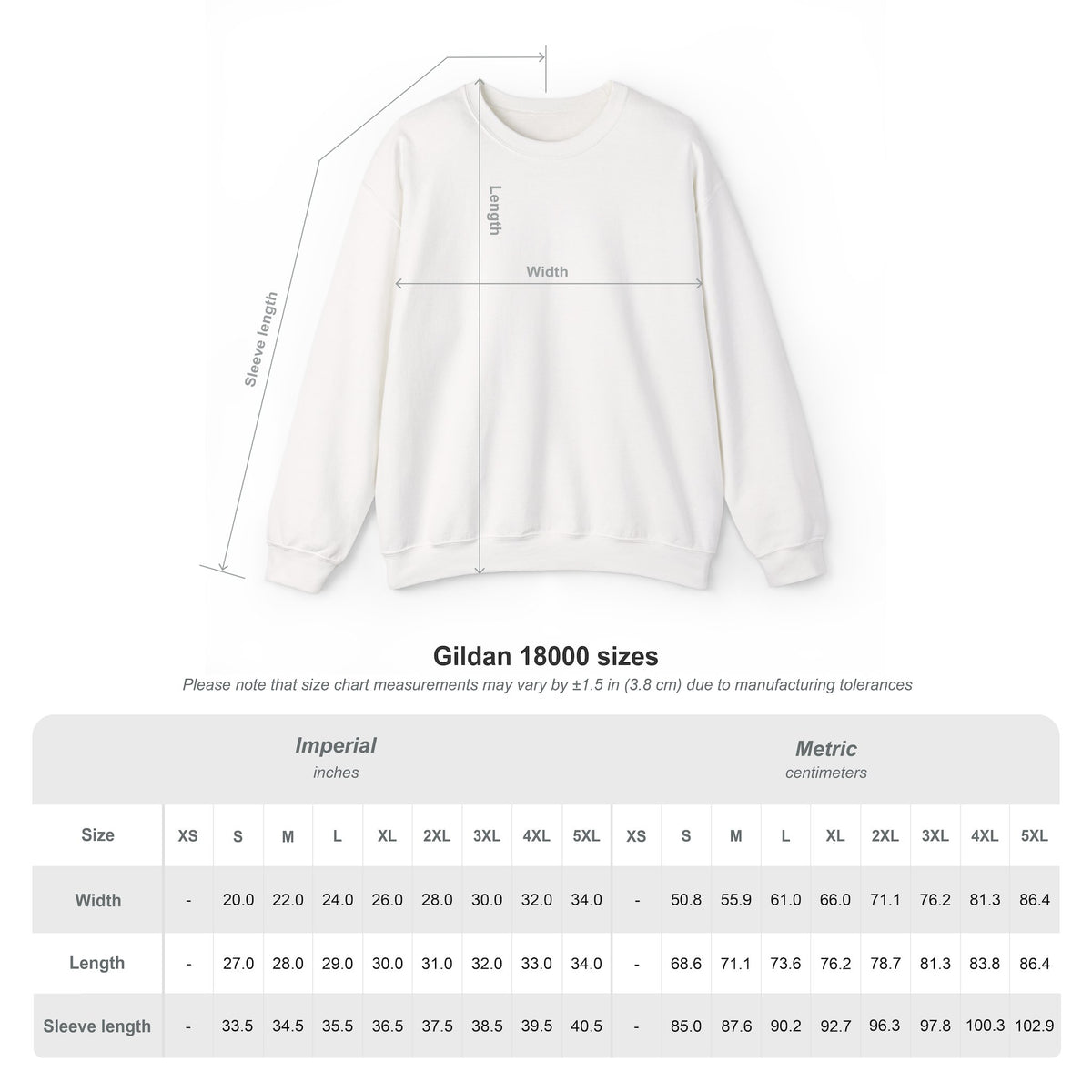 Gildan 18000 size chart showing width, length, and sleeve length for sizes S through 5XL in inches and centimeters.