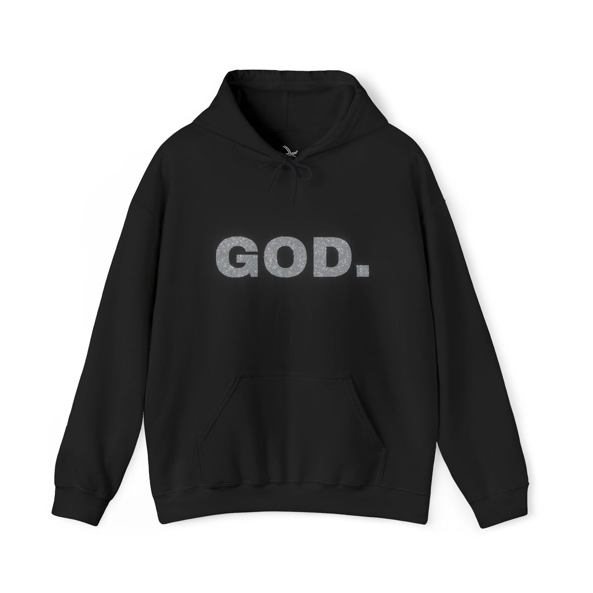Front view of the black The Answer Remains Glitter Hoodie with “GOD.” in silver glitter lettering.